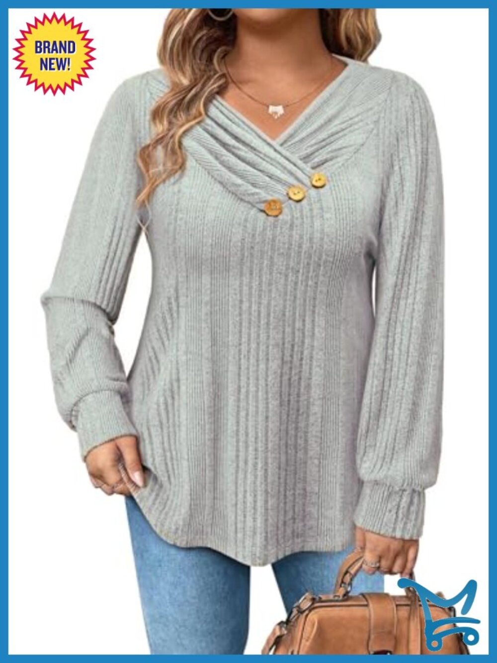 Womens Plus Size V Neck Button Pleated Sweater Loose Fit Pullover